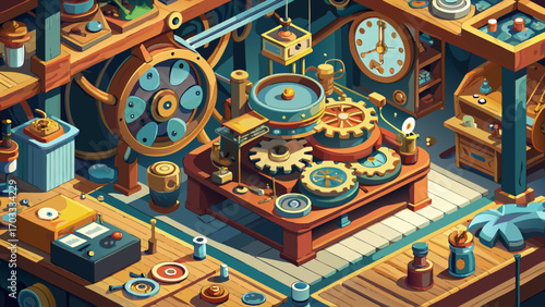 an-intricate--isometric-scene-inside-a-watchmaker-