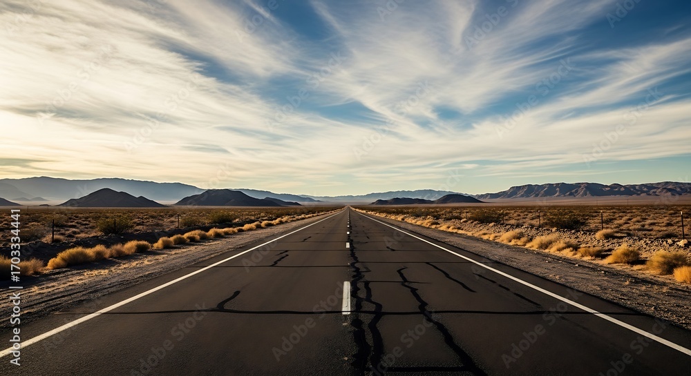 Fototapeta premium Endless Asphalt Road Through Desert Landscape Under Dramatic Sky.