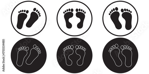 Trails of various human footprints. Vector isolated lines of male and female footwear steps. Human footmark silhouettes. Women and men shoes tracks. Barefoot and stilettos, sneaker and boot footsteps.
