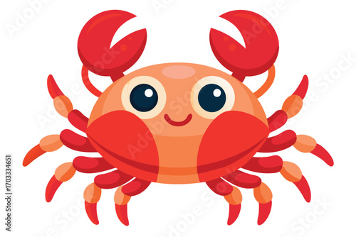 Cheerful red crab with open claws and cute smile stands on a white background