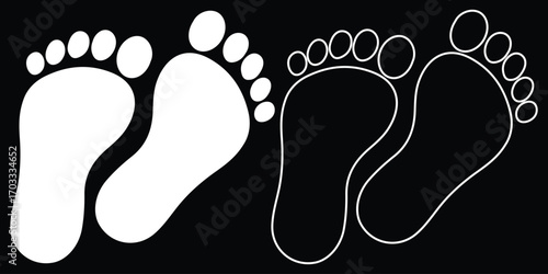Three stylized footprints of varying sizes symbolizing growth progress or different ages possibly representing childhood adolescence and adulthood. Simple black footprint pair icon graphic