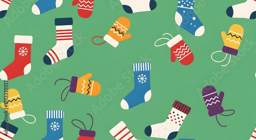 Festive vector illustration featuring a seamless pattern of cozy knitted mittens and warm winter socks on a green backdrop
