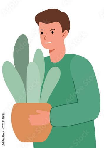 Man holding a potted plant. Urban gardener character. Home garden and plant care concept. 