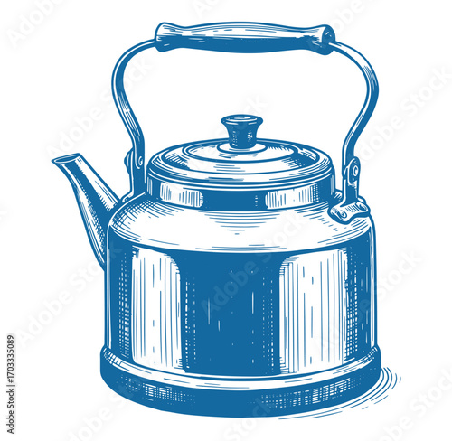 Intricate blue engraving of a traditional kettle depicting brewing and vintage styles