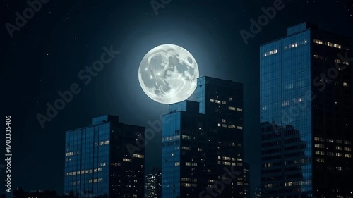 Full moon illuminates towering city skyscrapers under a dark night sky.