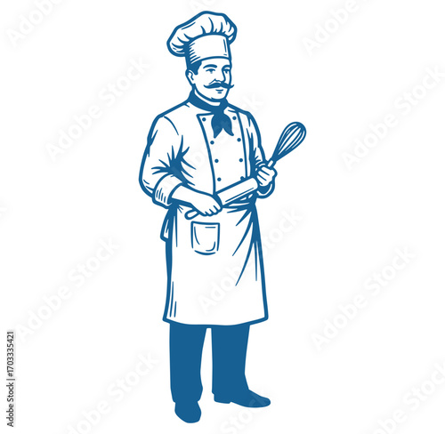 Professional chef holding whisk and rolling pin in a classic culinary uniform illustration