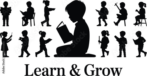 Silhouettes of Children Reading, Learning and Growing, Educational Kids Illustration, Early Childhood Development, Reading Book Vector Art, Study Skills, Academic Growth Concept, Learn Together