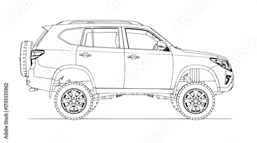 Blueprint-style drawing of a raised SUV with a sturdy body, depicted with precise, thin, and delicate lines showcasing the intricate details of the body structure, windows, doors, and rims, all render