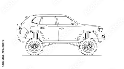 Blueprint-style drawing of a raised SUV with a sturdy body, depicted with precise, thin, and delicate lines showcasing the intricate details of the body structure, windows, doors, and rims, all render