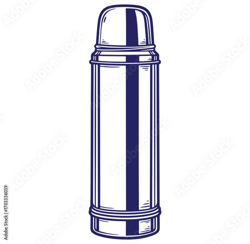 Simple blue and white illustrated thermos icon for outdoor adventures and travel concepts