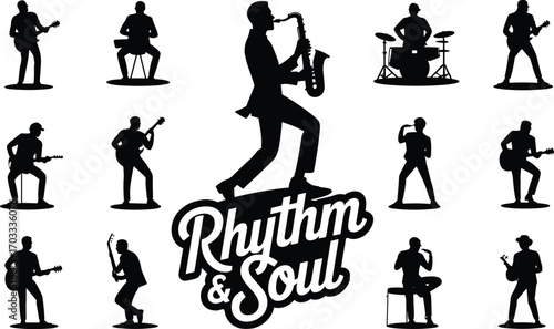 Silhouette of Jazz and Rock Musicians Performing, Rhythm and Soul Band Art, Musician Vector Design, Live Instrument Performance, Music Concert Illustration, Band Silhouette Art