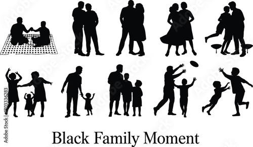Silhouette of Black Family Moments, Parents and Children Bonding, Outdoor Activities, Happy Family Time, Parenting Love, Family Unity, African American Lifestyle Vector Illustration