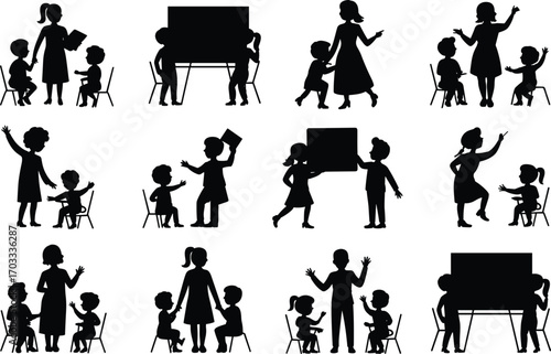 Silhouettes of Teachers and Children in Classroom Setting, Educational Interaction, Learning Activities, Preschool Teaching, Child Development, School Training