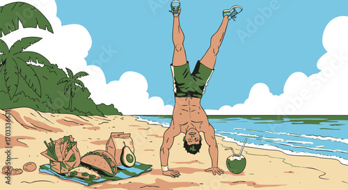 Achieving balance with a healthy lifestyle, illustration of a fit man doing a handstand workout on a tropical beach with a nutritious meal
