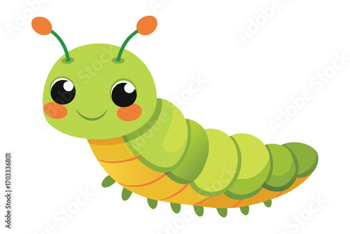 Smiling green cartoon caterpillar curves gently with orange antennae on a transparent background