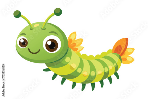 Cheerful cartoon caterpillar crawls forward with a bright smile, set against a transparent background