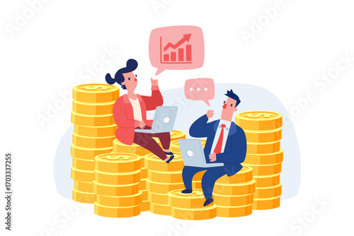business team planning investment strategy on stack of gold coins