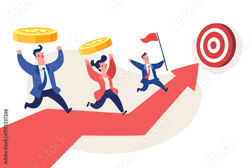 business team carrying gold coin running on rising arrow to goal