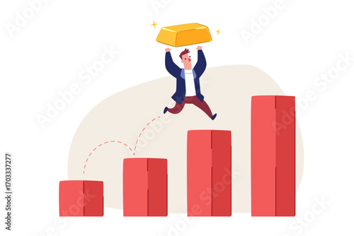 businessman jumping on rising bar chart while carrying gold bar