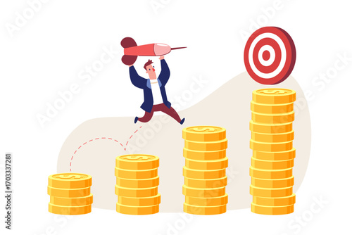 businessman holding dart jumping on gold coins to higher target