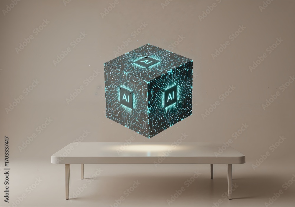 Obraz premium Floating holographic cube with AI glow on minimalist table