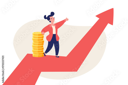 businesswoman with gold coins standing on rising arrow graph