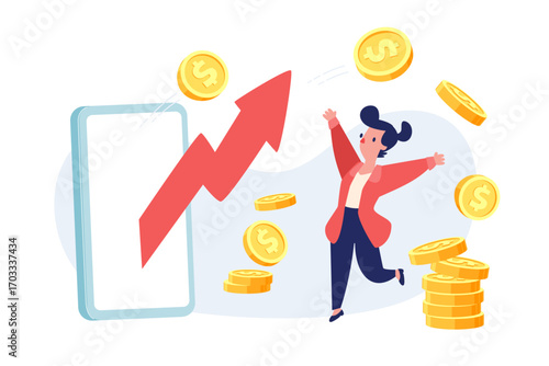 happy businesswoman celebrating successful mobile investment