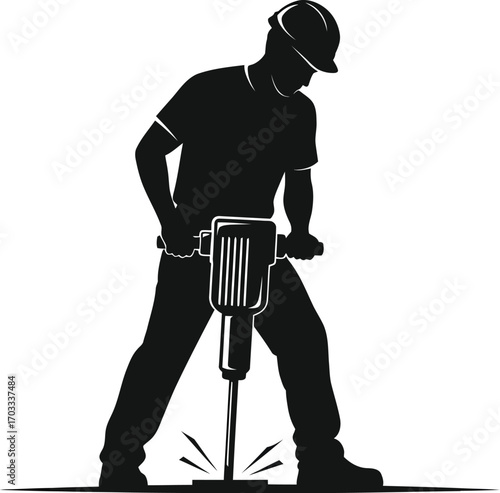 Silhouette of a construction worker using a jackhammer, showcasing manual labor and industrial work