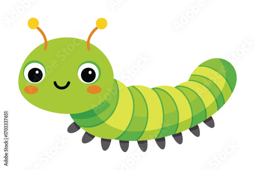 Smiling cartoon caterpillar features green and yellow segmented body with visible small feet and antennae, transparent background