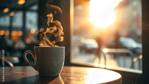 A steaming cup of coffee on a cafe table, warmed by morning sunlight.