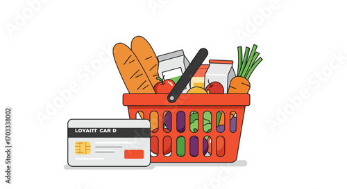 Illustration of a shopping basket filled with groceries and a loyalty card.