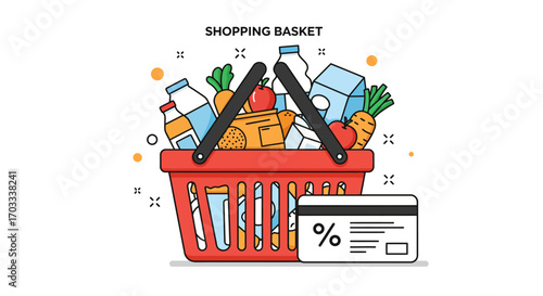 Illustration of a shopping basket filled with groceries and a discount card.
