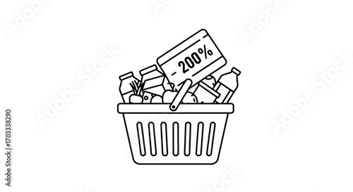Basket full of groceries with a -200% discount sign.