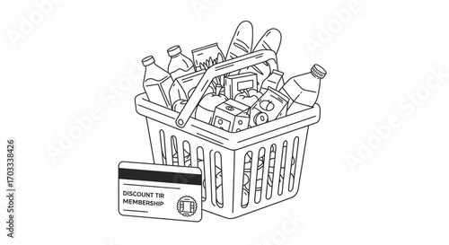 Illustration of a shopping basket full of groceries with a discount card.