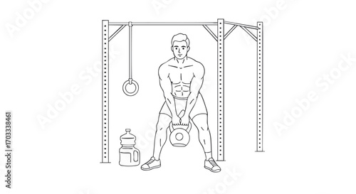 Dynamic kettlebell swing exercise by a fit male in a gym, highlighting strength training, conditioning, and robust physical fitness for an active and healthy lifestyle