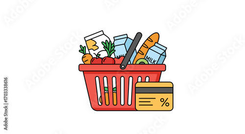 Illustration of a red shopping basket filled with groceries and a discount card.