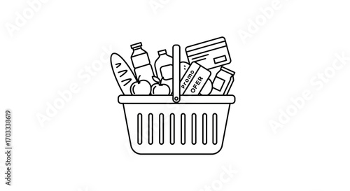 Line art illustration of a shopping basket filled with groceries and cards.