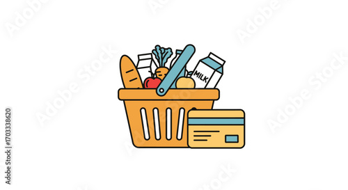 Illustration of a shopping basket filled with groceries and a credit card.