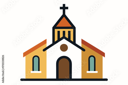 Simple church with a cross, orange roof, and brown door isolated on white