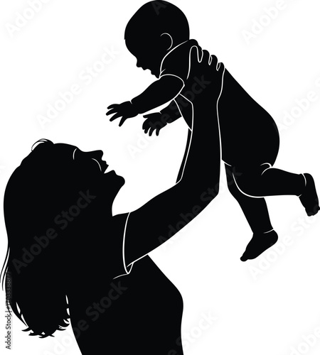 Silhouette of mother and baby, representing love, care, and family bond, capturing a tender and joyful moment