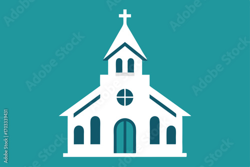 Minimalist white church building standing tall against an ocean green background in clear detail