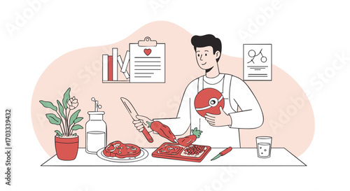 A cheerful young man in an apron preparing a healthy vegetarian meal, chopping fresh red peppers with a knife and using a modern spherical kitchen gadget