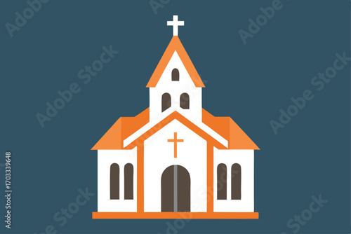 Minimalist flat design shows a modern church with cross against dark blue background