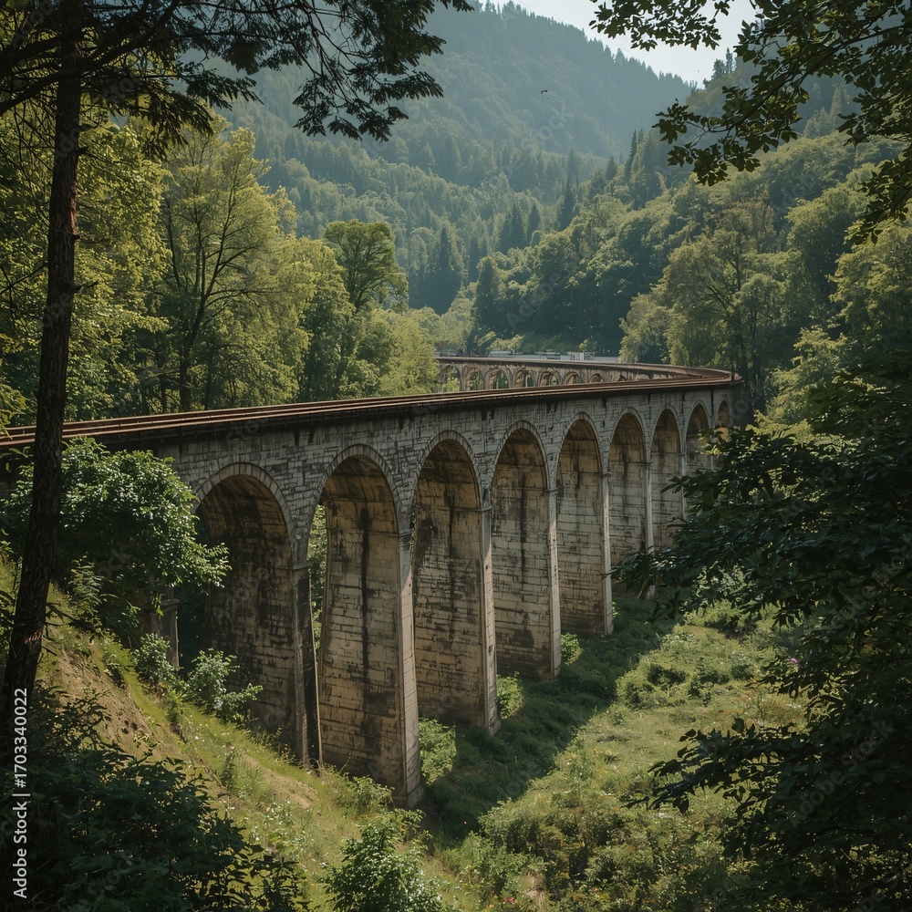 Obraz premium Scenic Railroad Bridge Passing Through Lush Greenery