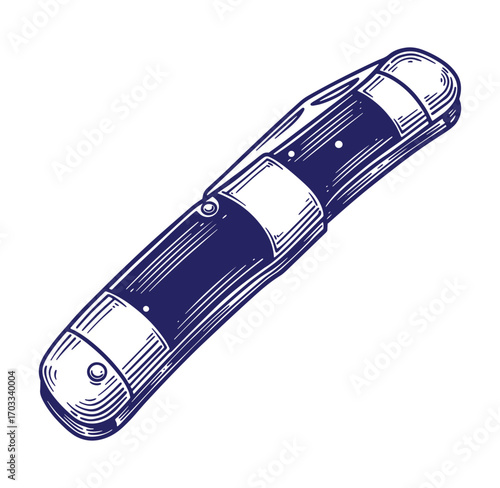 Vintage hand drawn pocket knife illustration showing detailed engraving and classic design