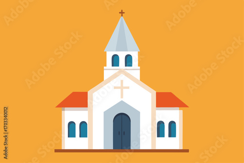 Simple church displays a cross on white walls against an orange background