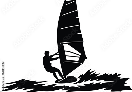 Silhouette of a windsurfer riding waves windsurfer is silhouetted against bright sky, creating a striking image