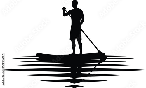 Silhouette of a paddle boarder water paddle boarder is silhouetted against water, creating a peaceful scene