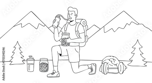 Male backpacker refueling with healthy snacks and hydrating during a mountain trek, minimalist outline vector illustration