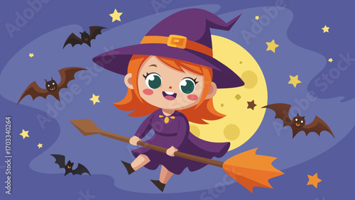 Whimsical Witch's Flight: A charming witch, soaring on her broomstick beneath a moonlit sky filled with stars and playful bats. A delightful depiction of Halloween enchantment.